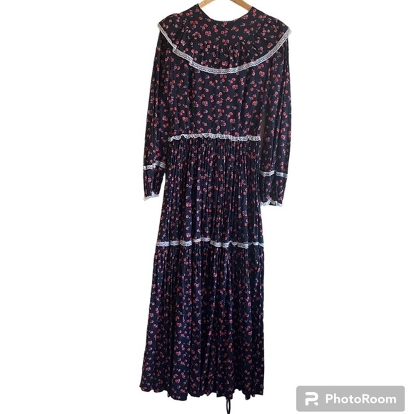 Vintage Chez Rollande Dress Woman Small Handmade Prairie Long Sleeve Floral Maxi - Picture 1 of 13